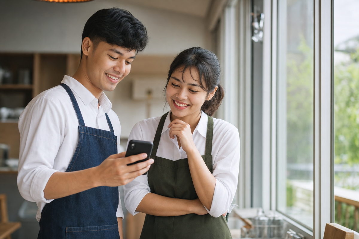 職場でスマホを片手に前向きに学ぶ外国人スタッフ。育ててくれる会社が定着につながるイメージ