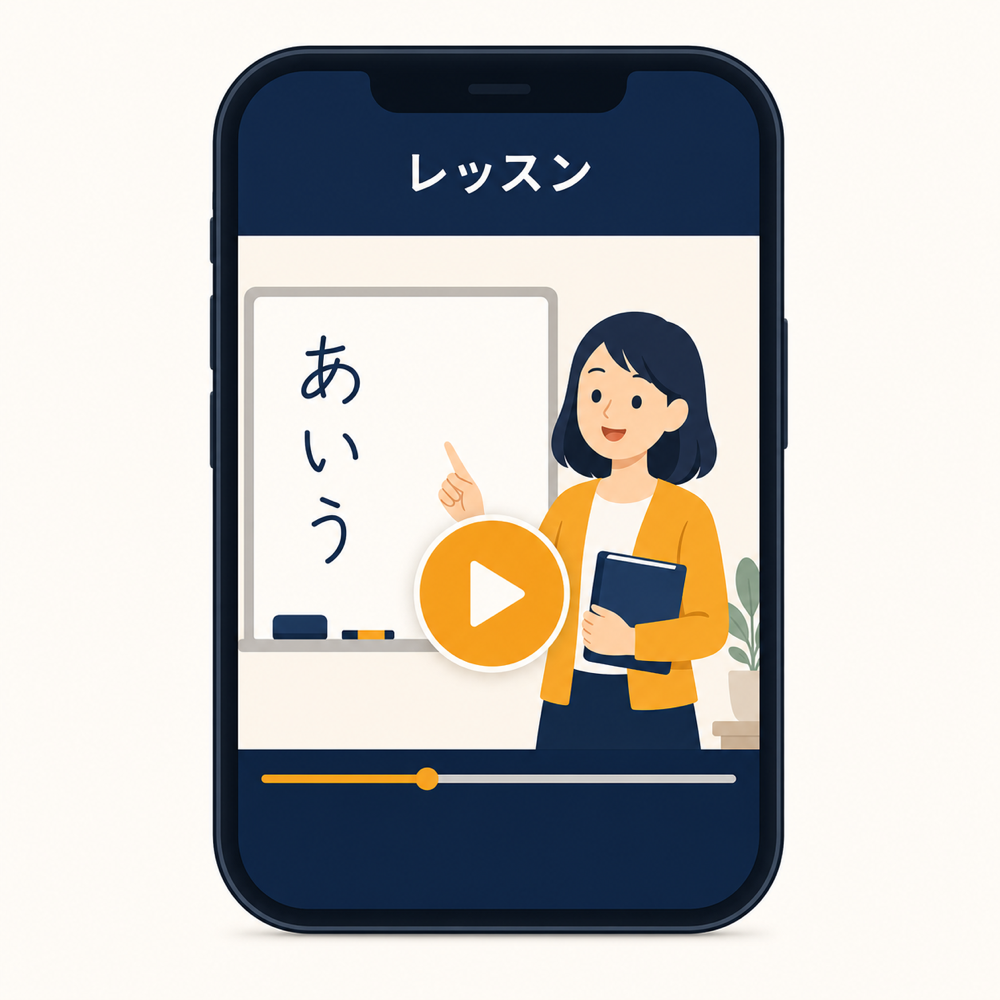 スマホで視聴できる日本語レッスン動画のイメージ。先生とホワイトボードを使った学習画面